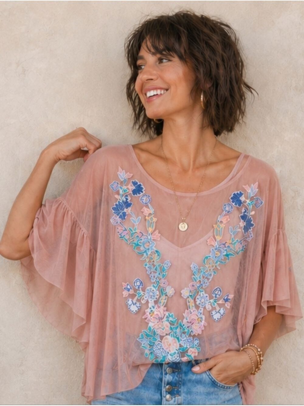 ZARA SHEER PEACH MESH TULLE TOP BUTTERFLY SLEEVE WITH FLORAL APPLIQUE SIZE 8